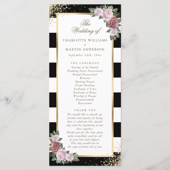 Black Gold Confetti Blush Pink Floral Wedding Programme (Front)