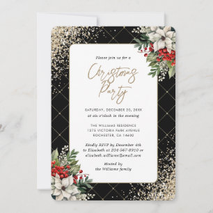 Black Gold Confetti Botanical Christmas Party Invitation