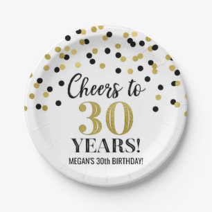 Black Gold Confetti Cheers to 30 Years Birthday Paper Plate