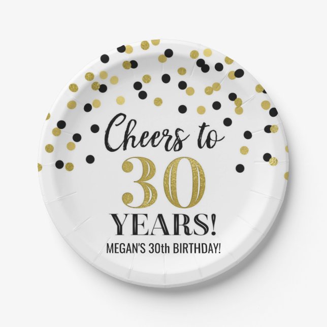 Black Gold Confetti Cheers to 30 Years Birthday Paper Plate (Front)