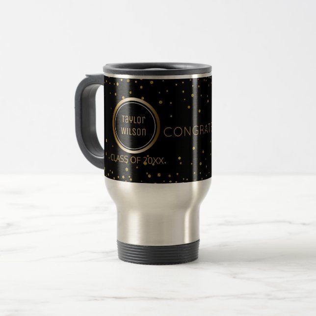 Black Gold Confetti | Congrats Graduation Travel Mug (Front Left)