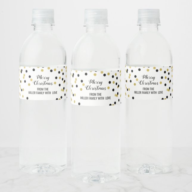 Black Gold Confetti Custom Merry Christmas Water Bottle Label (Bottles)