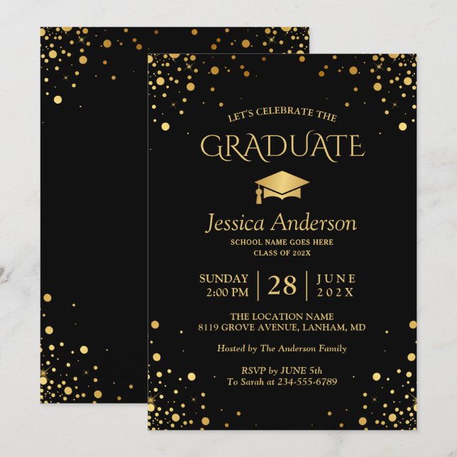 Black Gold Confetti Dots Graduate Graduation Party Invitation (Front/Back)
