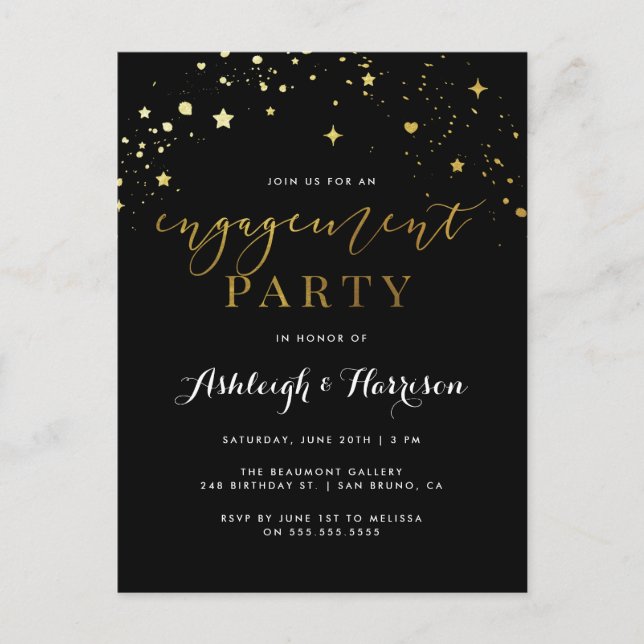Black & Gold Confetti Engagement Party Invitation Postcard (Front)