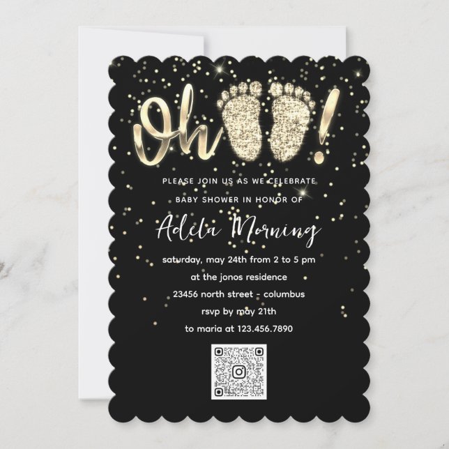 Black  Gold Confetti Feet Baby Boy QR CODE   Invitation (Front)