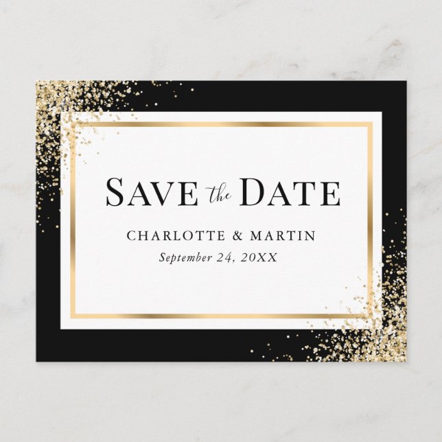 Black Gold Confetti Frame Elegant Wedding Announcement Postcard (Front)
