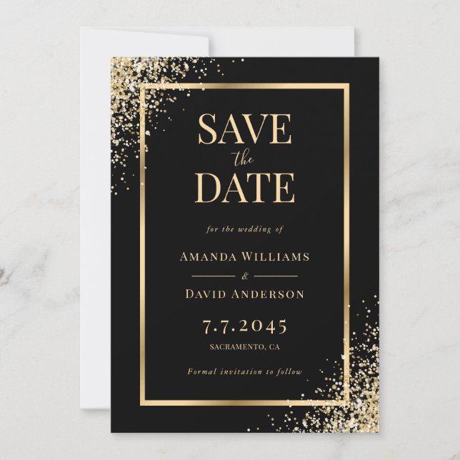 Black Gold Confetti Frame Elegant Wedding Save The Date (Front)