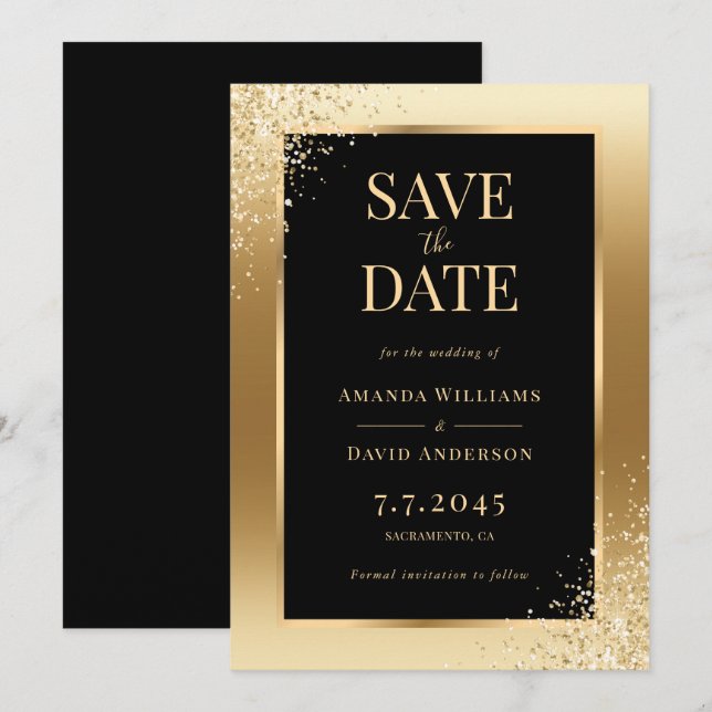 Black Gold Confetti Frame Elegant Wedding Save The Date (Front/Back)