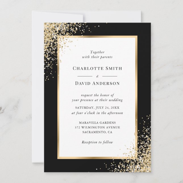 Black Gold Confetti Frame Wedding Invitation (Front)