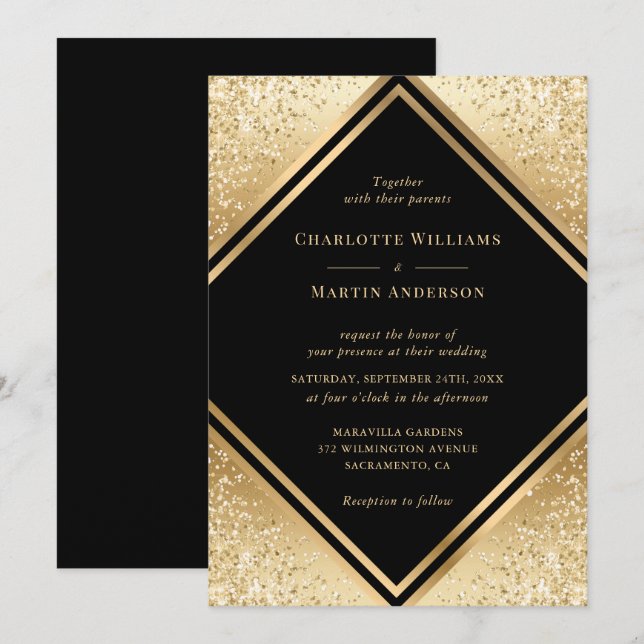 Black Gold Confetti Geometric Frame Wedding Invitation (Front/Back)