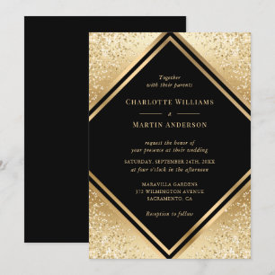 Black Gold Confetti Geometric Frame Wedding Invitation
