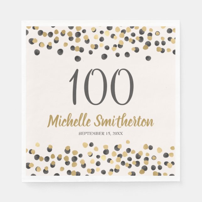 Black Gold Confetti Glitter 100th Birthday Napkin (Front)