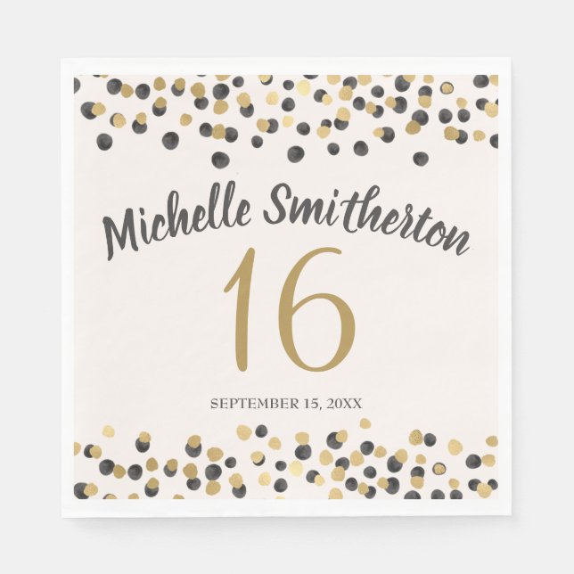 Black Gold Confetti Glitter 16th Birthday Napkin (Front)