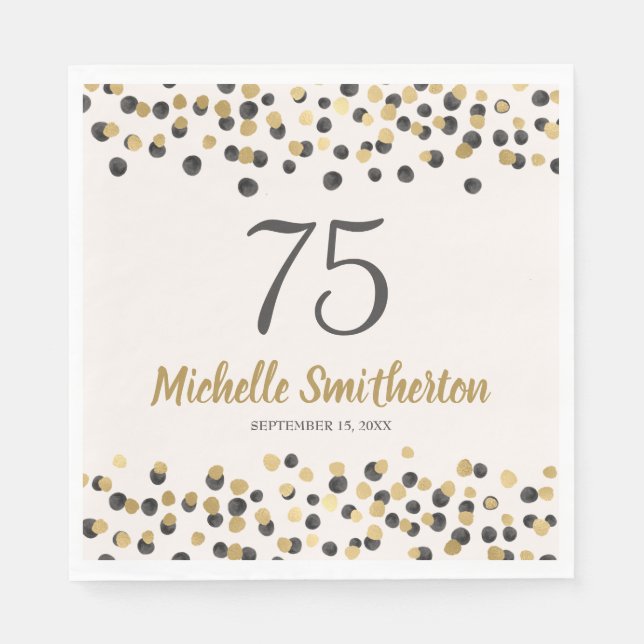 Black Gold Confetti Glitter 75th Birthday Napkin (Front)