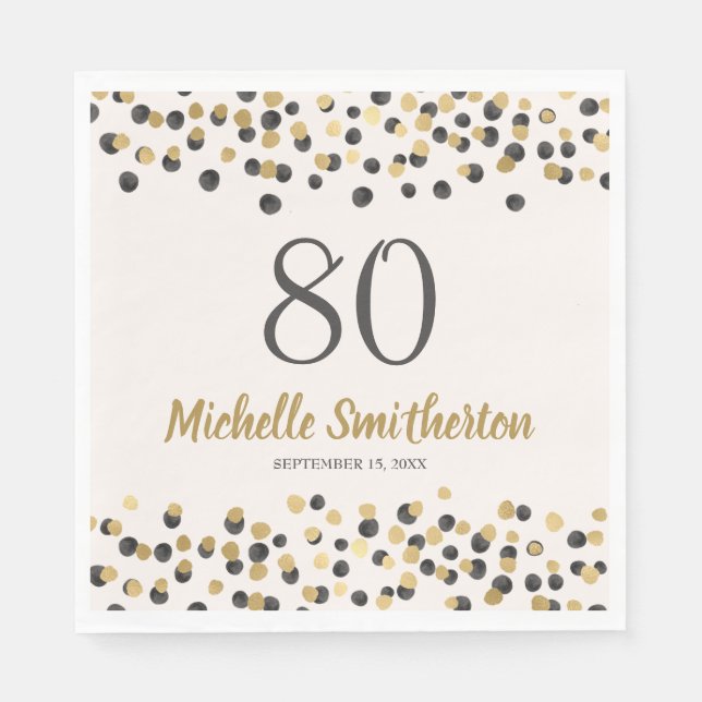Black Gold Confetti Glitter 80th Birthday Napkin (Front)