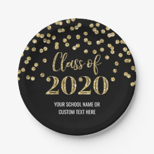 Black Gold Confetti Graduation 2020 Paper Plate
