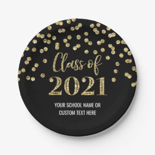 Black Gold Confetti Graduation 2021 Paper Plate