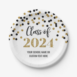 Black Gold Confetti Graduation 2024 Paper Plate