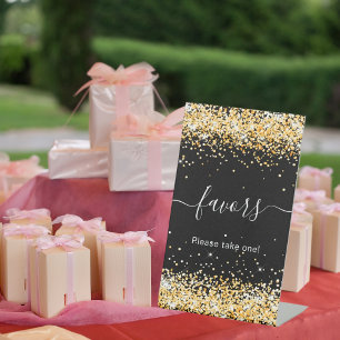 Black gold confetti guest favours pedestal sign