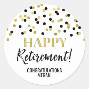 Black Gold Confetti Happy Retirement Classic Round Sticker