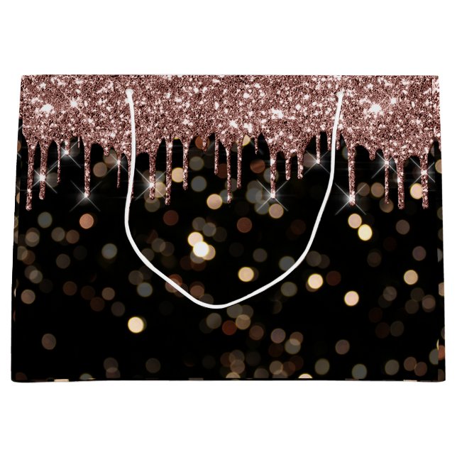 Black Gold Confetti Luxury Rose Glitter Drips Large Gift Bag (Front)
