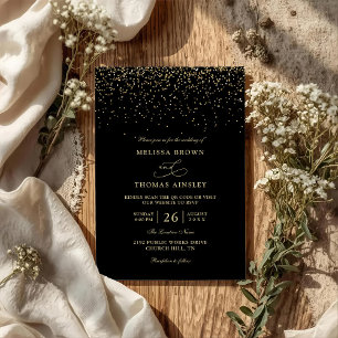 Black Gold Confetti Modern Budget QR Code Wedding Invitation