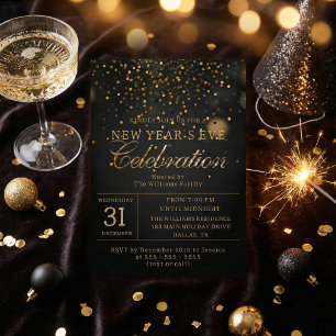 Black & Gold Confetti New Year's Eve Party Invitation