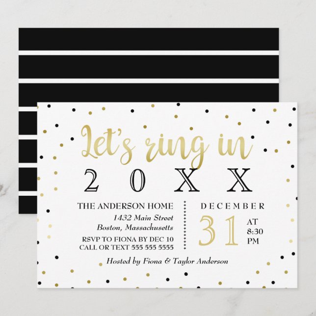 Black & Gold Confetti New Year's Party Invitation (Front/Back)