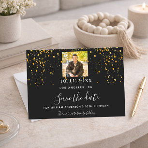 Black gold confetti photo birthday save the date