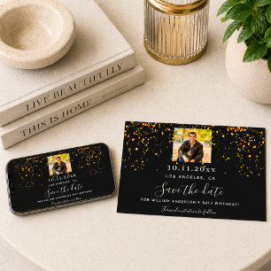 Black gold confetti photo birthday save the date