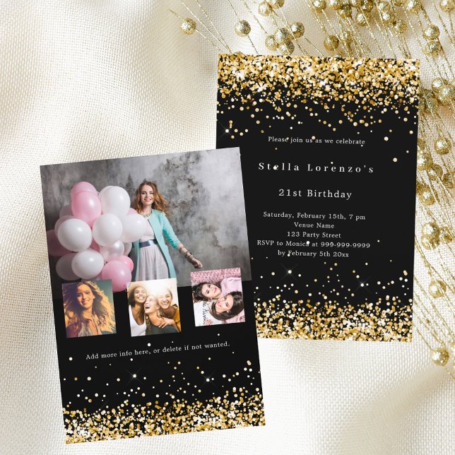Black gold confetti photo collage birthday invitation (Creator Uploaded)