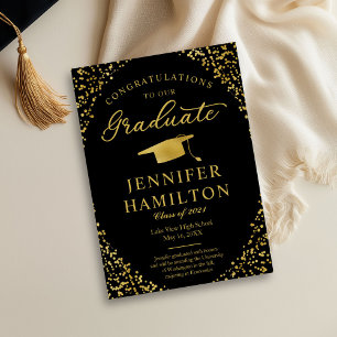 Black Gold Confetti Photo Graduation Announcement