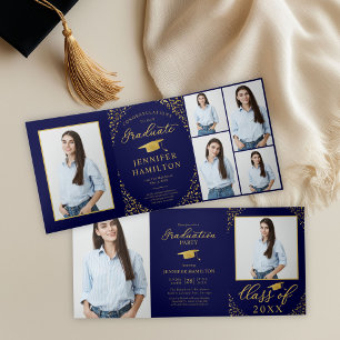 Black Gold Confetti Photo Graduation Party Tri-Fold Invitation