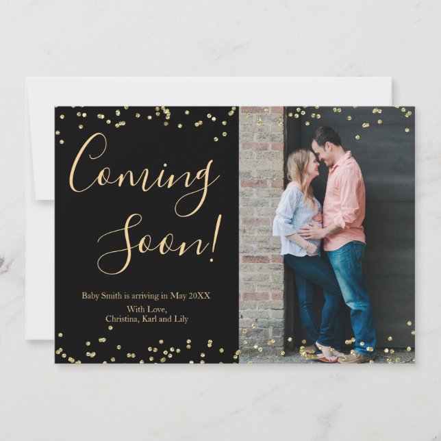 Black Gold Confetti Pregnancy Announcement Card (Front)