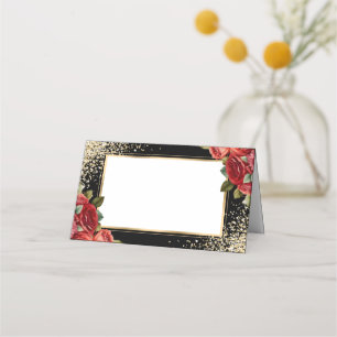 Black Gold Confetti Red Roses Floral Place Card