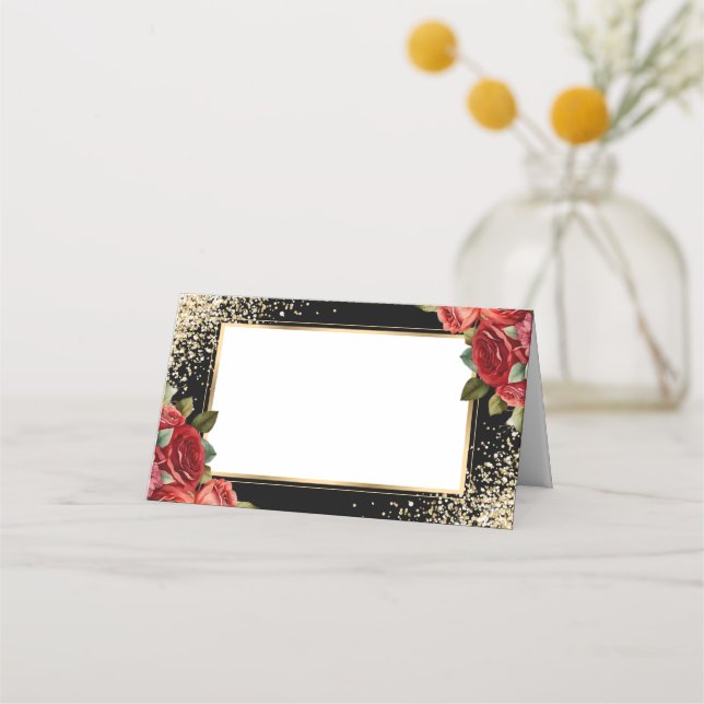 Black Gold Confetti Red Roses Floral Place Card (Front)