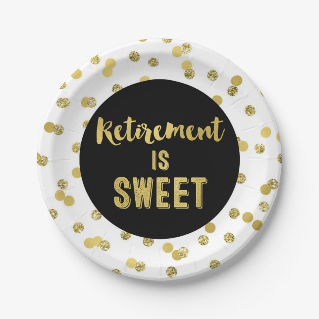 Black Gold Confetti Retirement is Sweet Paper Plate (Front)