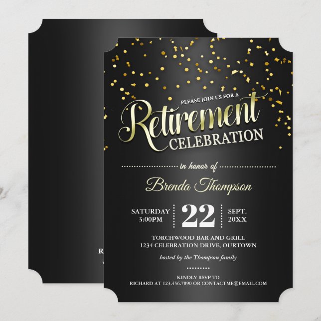 Black|Gold Confetti Retirement Party Invitations (Front/Back)