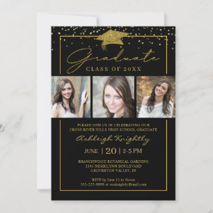 Black Gold Confetti Script 3 Photos Graduation Invitation