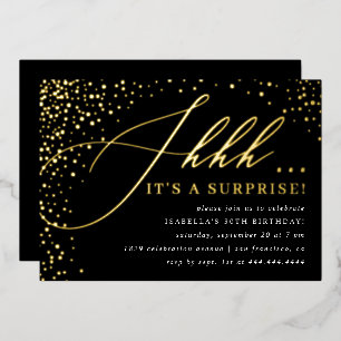 Black & Gold Confetti Script Surprise Party