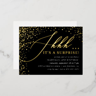 Black & Gold Confetti Script Surprise Party Foil Invitation Postcard
