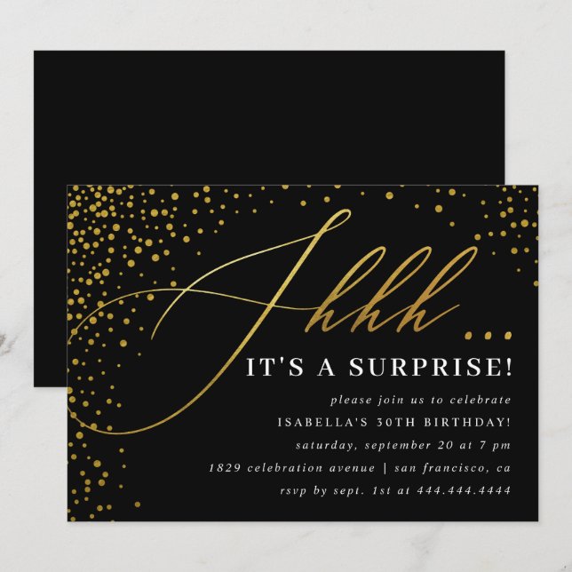 Black & Gold Confetti Script Surprise Party Invitation (Front/Back)