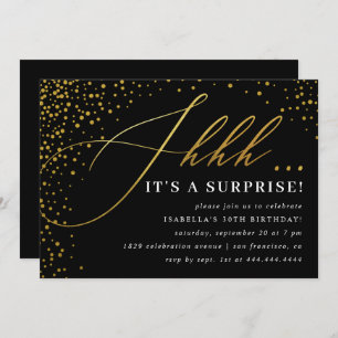 Black & Gold Confetti Script Surprise Party Invitation