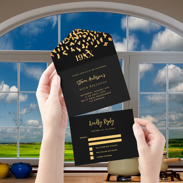 Black gold confetti year birthday rsvp all in one invitation (Creator Uploaded)