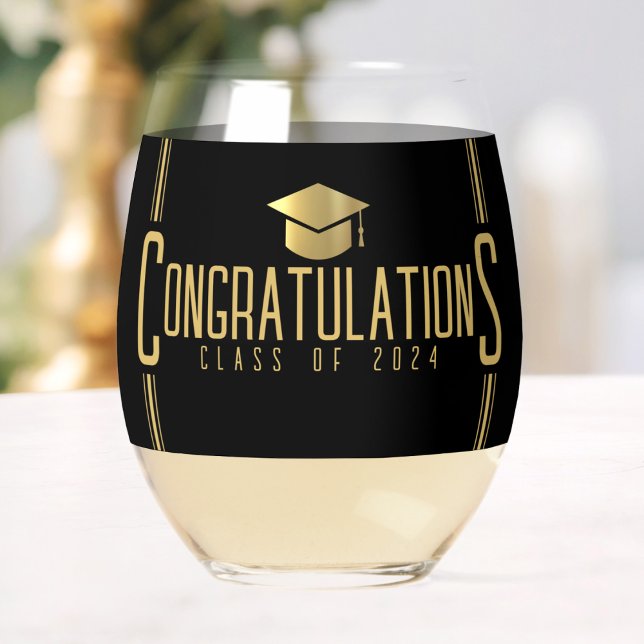 Black & Gold Congratulations Class Of Graduation Stemless Wine Glass (Black & Gold Congratulations Class Of Graduation Stemless Wine Glass)