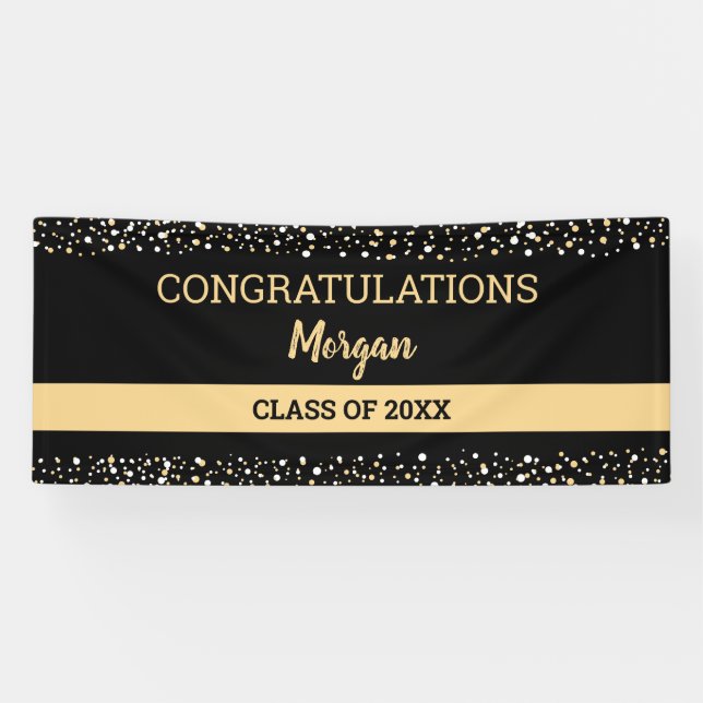Black Gold Congratulations Grad Name Elegant Banner (Horizontal)
