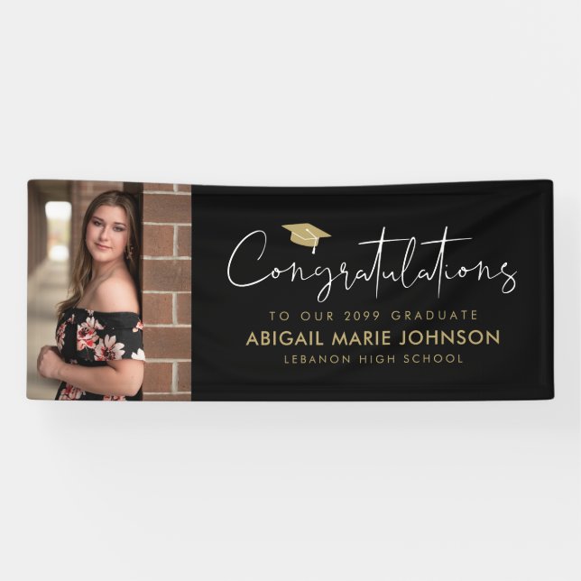 Black & Gold Congratulations Photo Graduation Banner (Horizontal)