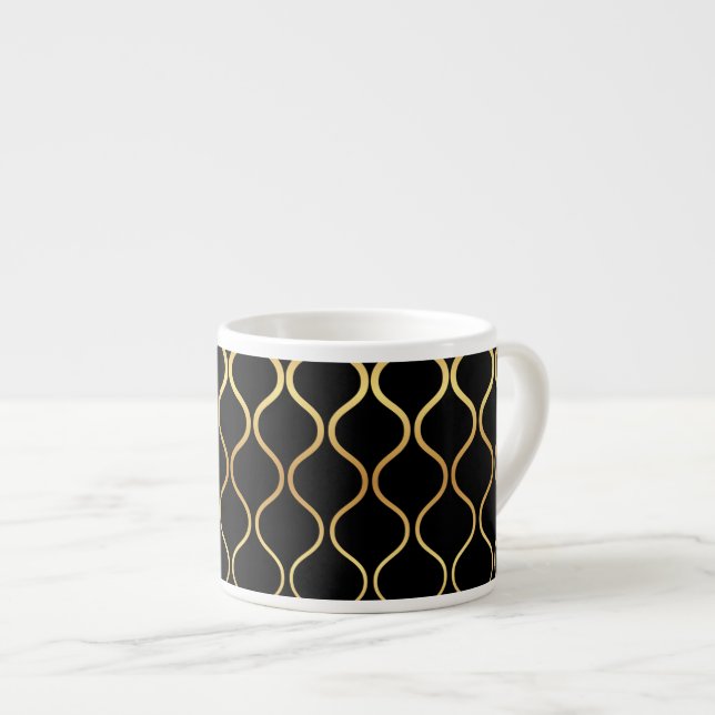 Black, gold, cool, trendy, retro abstract design espresso cup (Front Right)