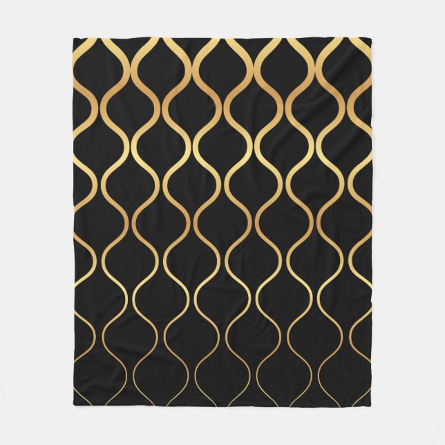 Black, gold, cool, trendy, retro abstract design fleece blanket (Front)