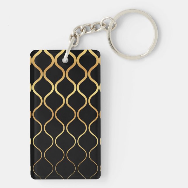 Black, gold, cool, trendy, retro abstract design key ring (Back)